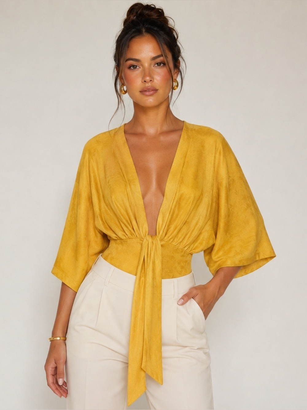 Zara yellow KNOTTED JACQUARD BODYSUIT Small 5039/062
